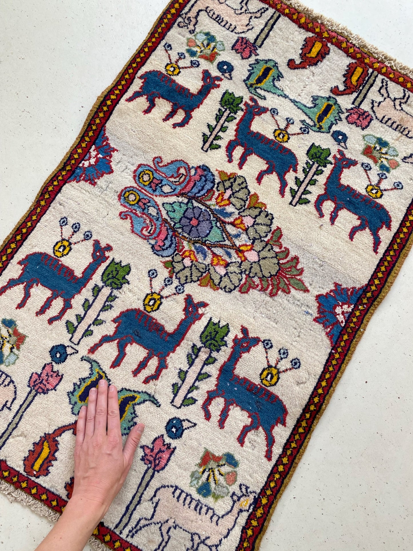 See Spring Motifs on Vintage Persian Mini Rug