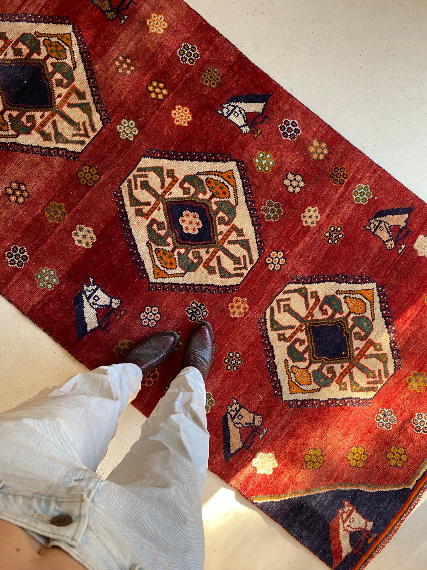 See Horse and Floral Motifs on Basseri Vintage Persian Rug