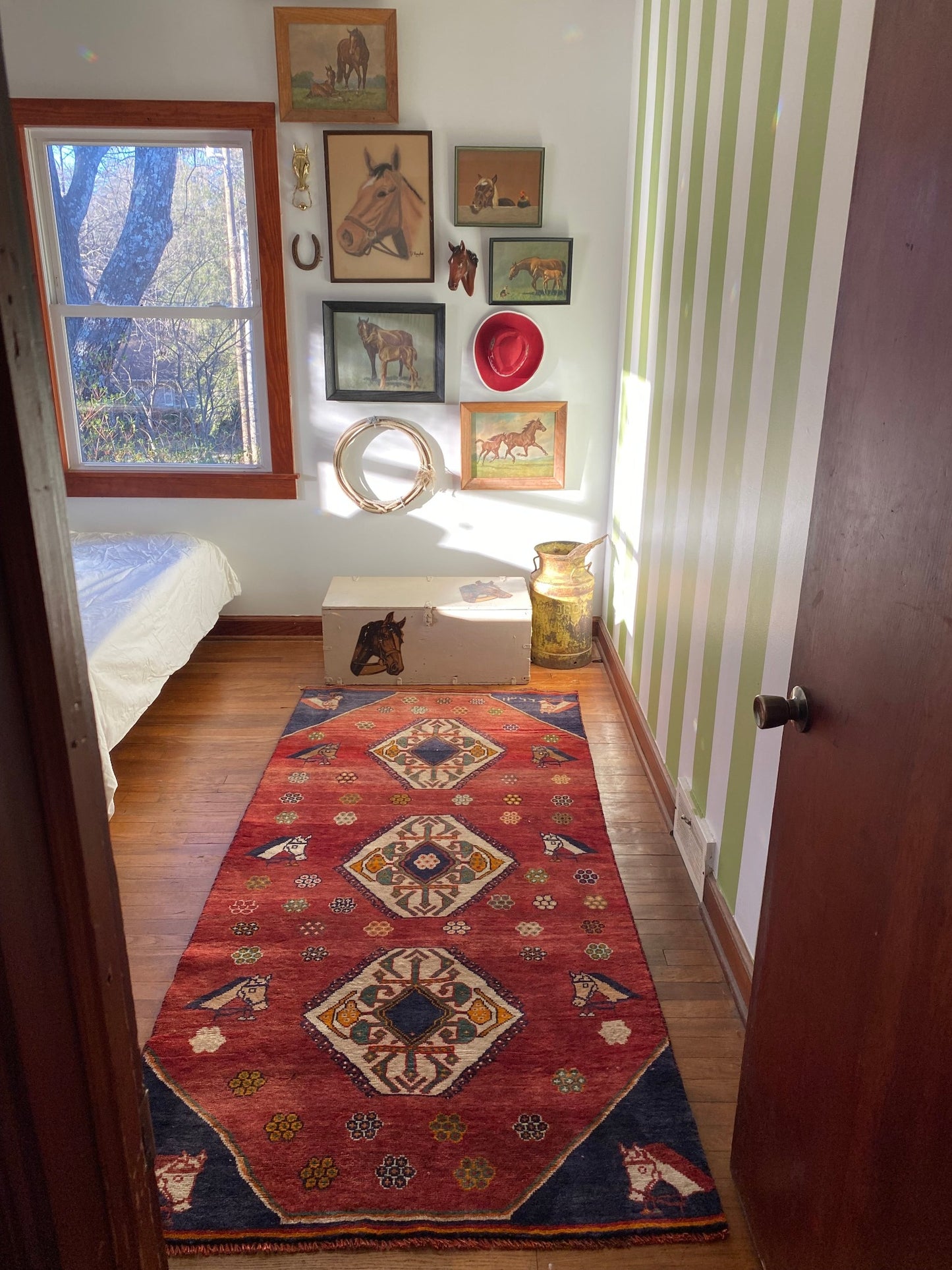 See Cream, Red, Indigo, and Olive Colors in Basseri Vintage Persian Rug
