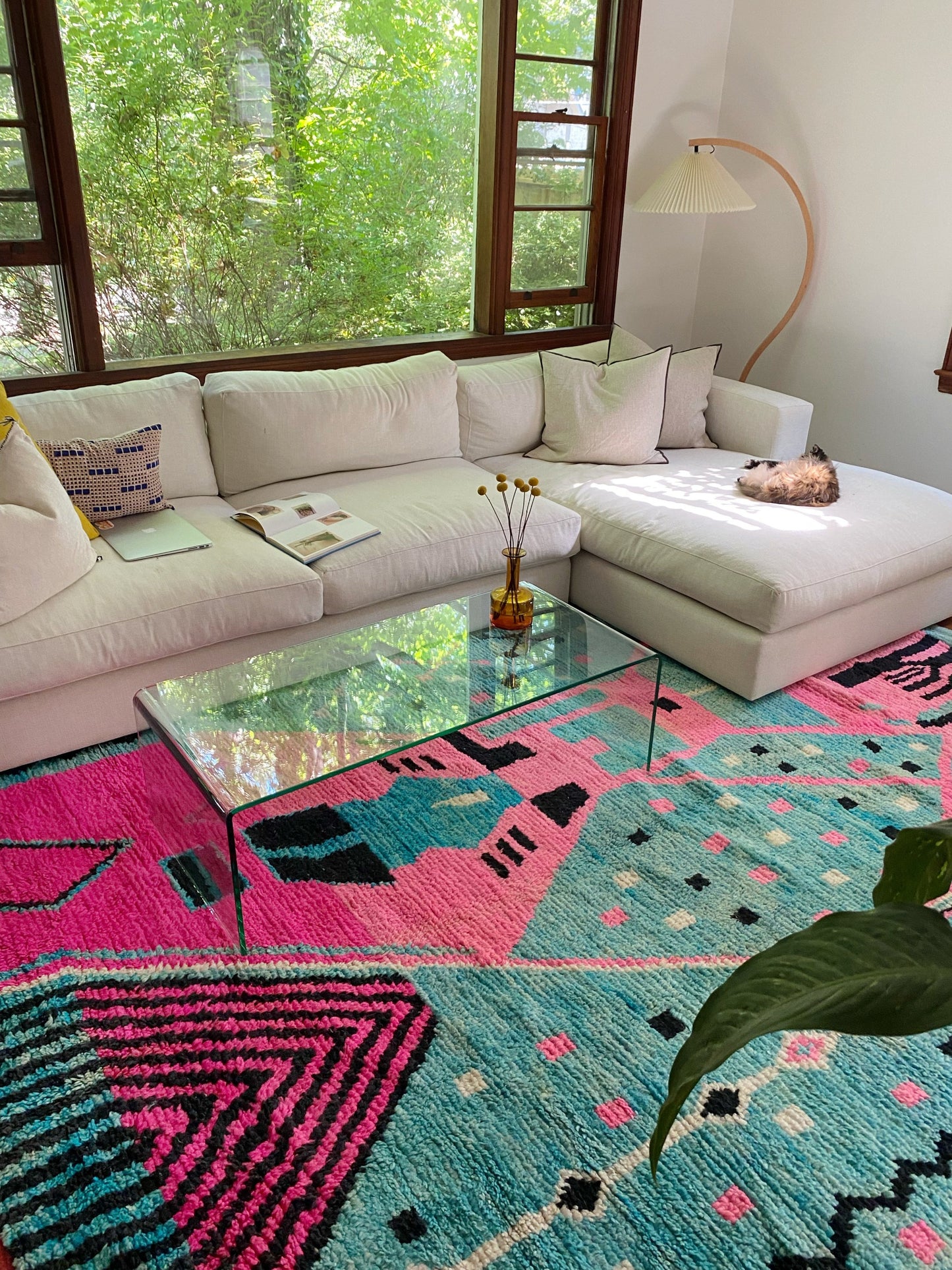 We love Chablis Moroccan rug in a styled living room
