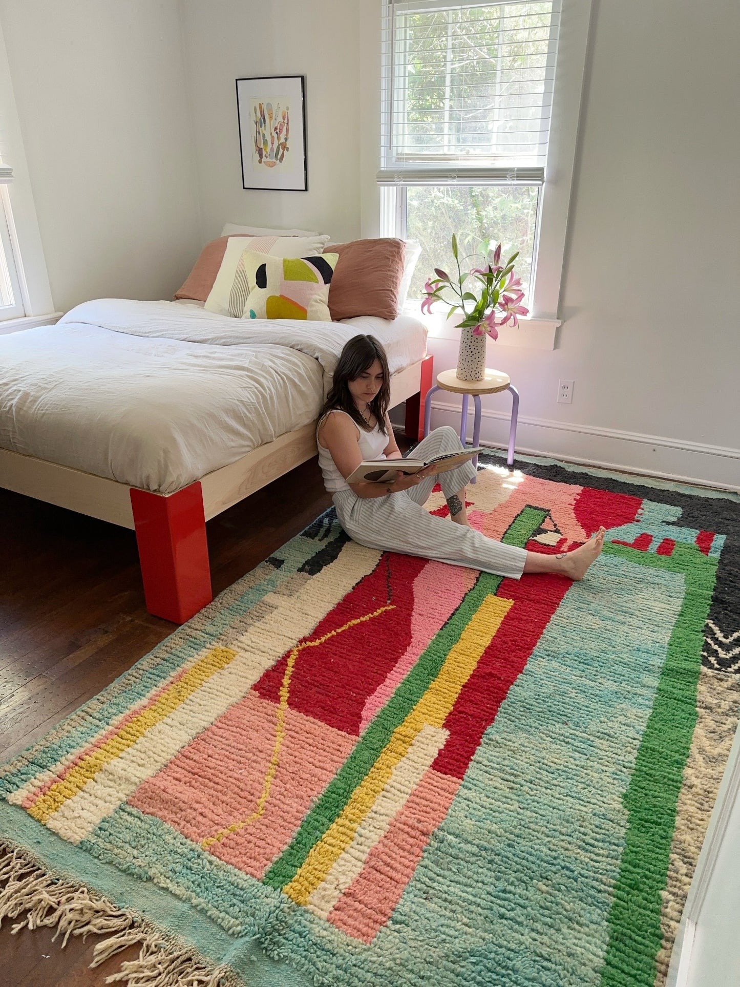 See Pink Green and Yellow Handwoven Moroccan Rug
