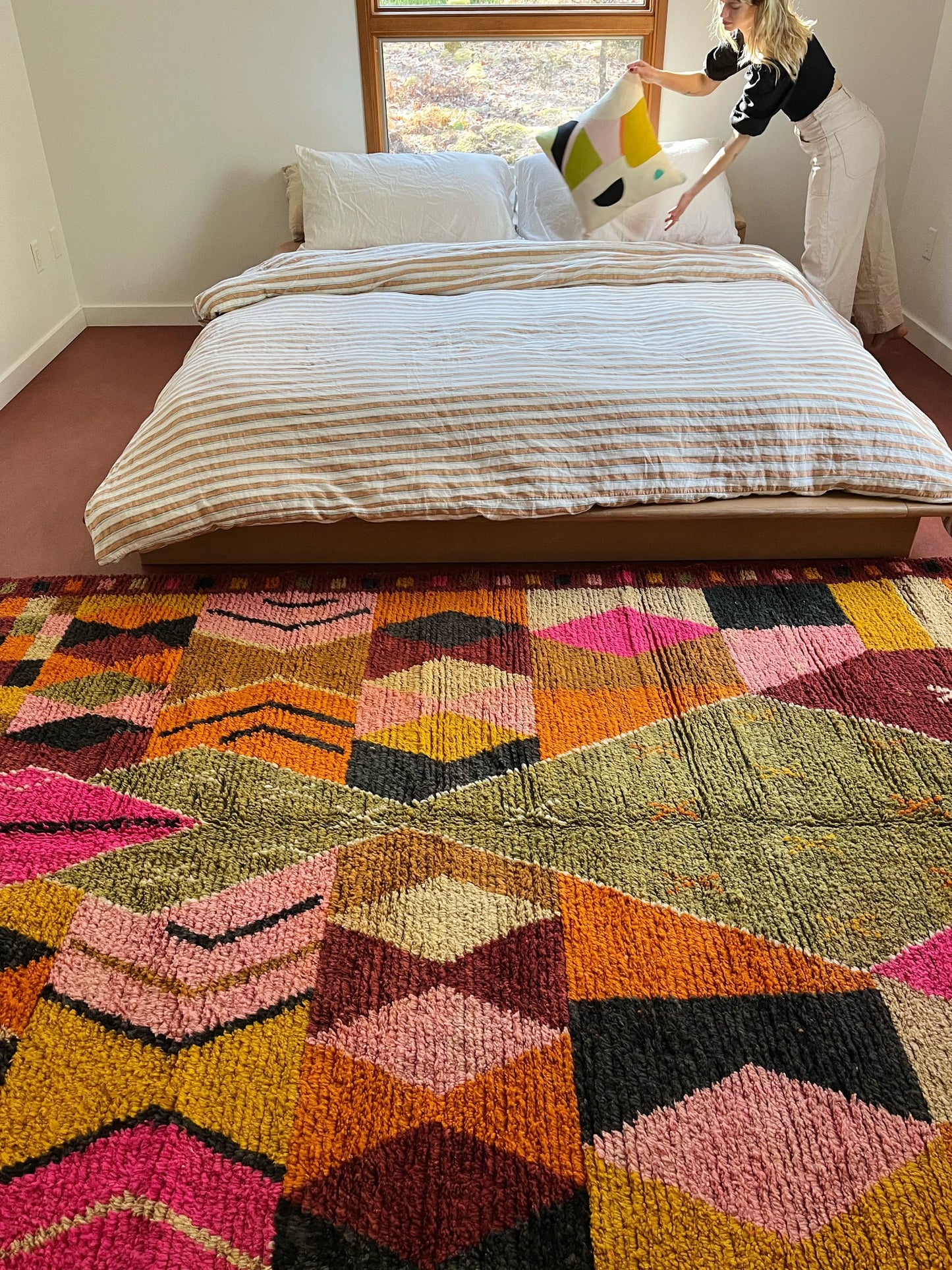 See Sala Moroccan Rug Styled with a Low Platform King Size Bed