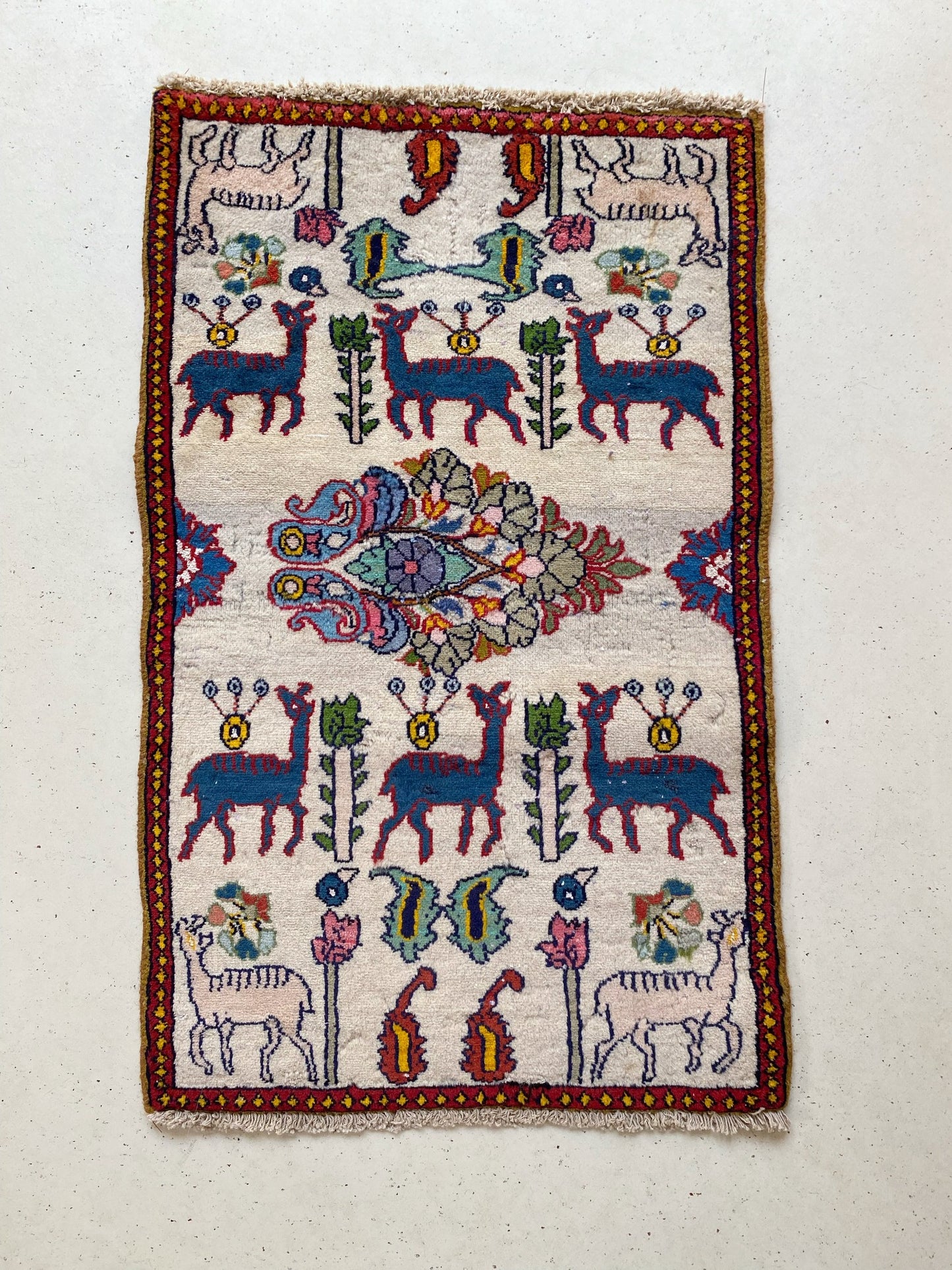 See Details and Pictorial Blue Motifs on Vintage Mini Rug