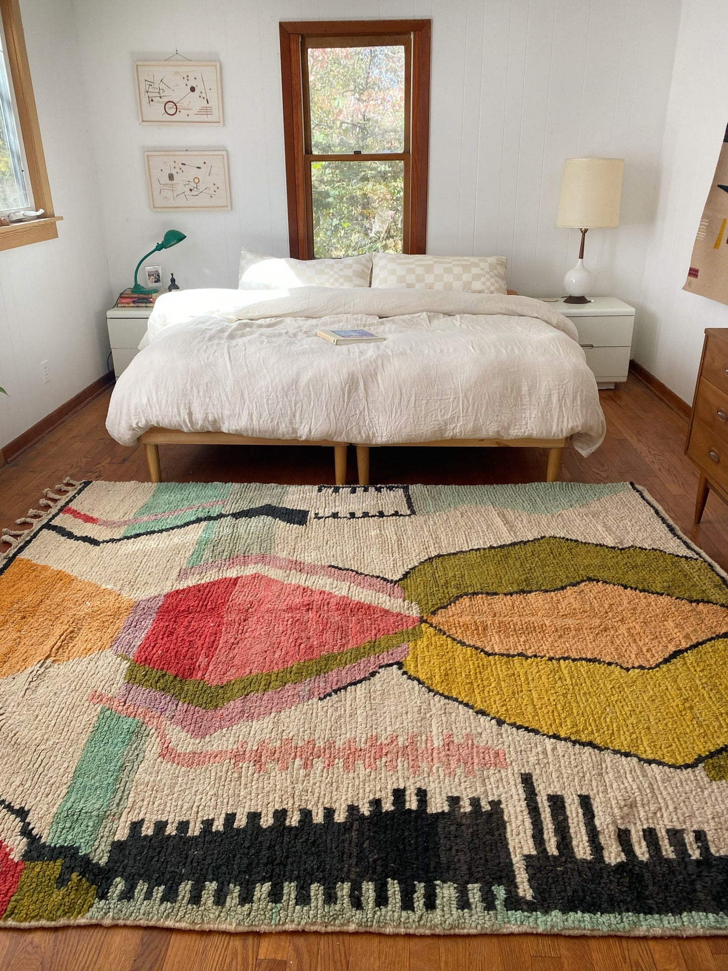 Style Olive Moroccan Rug with a King Size Bed