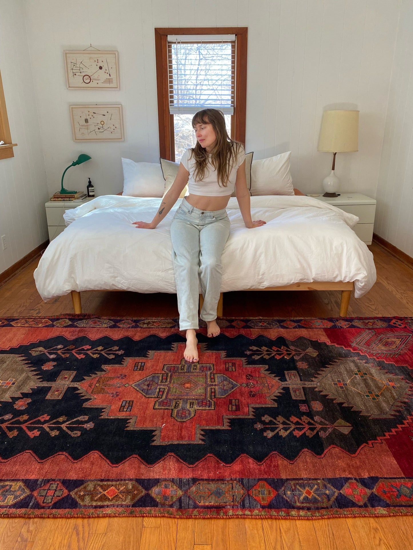 See Mayfield colorful area rug styled with a King Size Bed