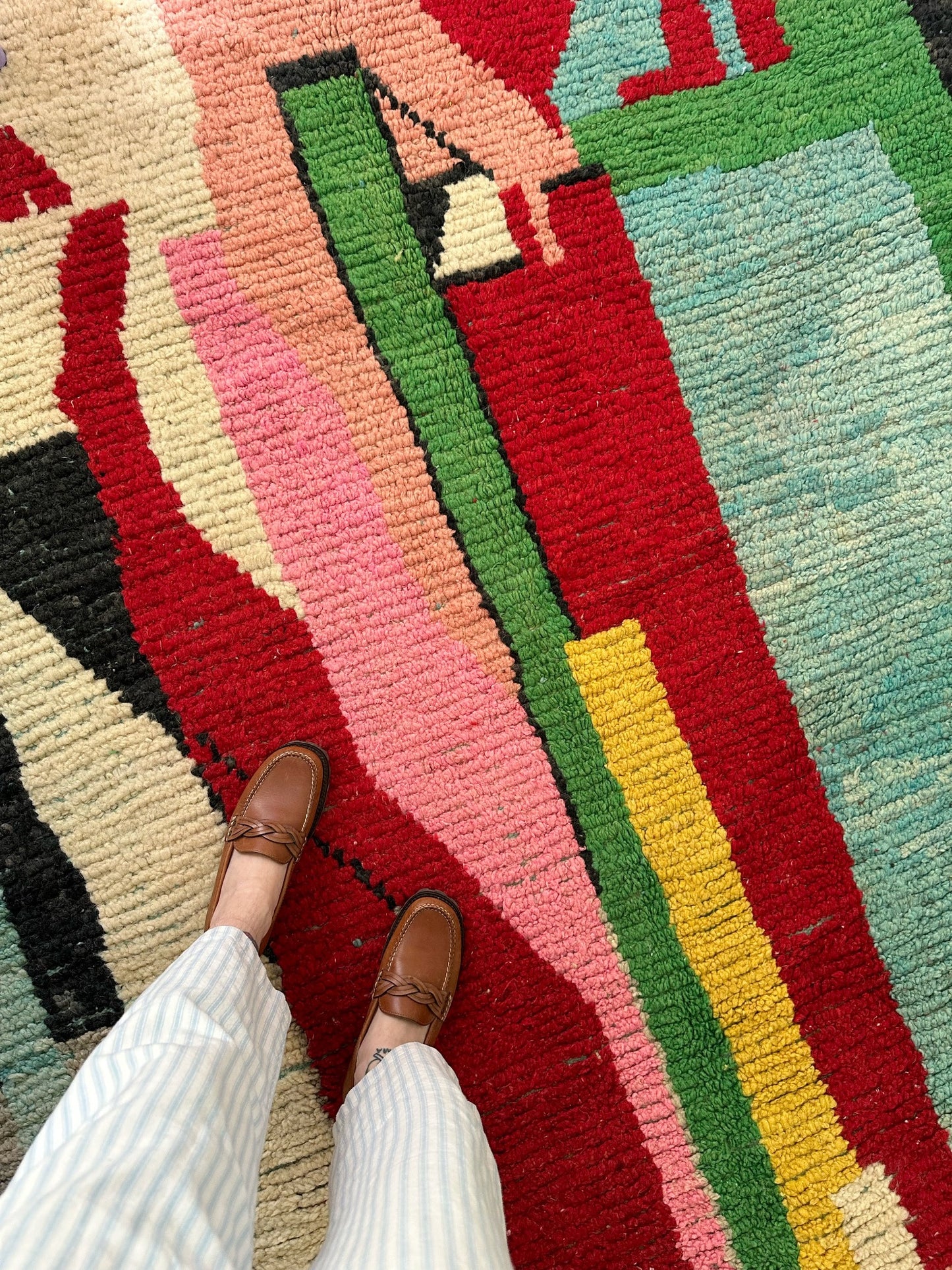 See Pink and Green Details on Elkin Handmade Moroccan Rug