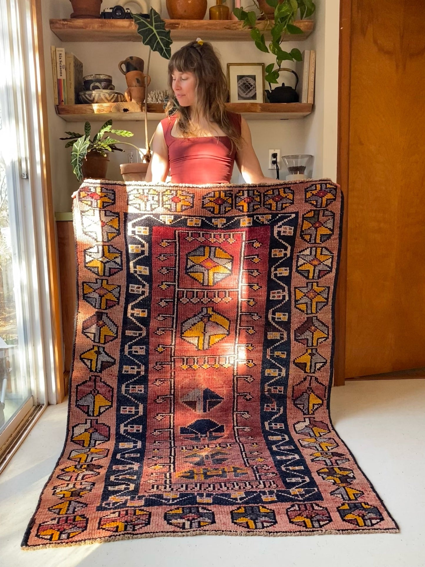 See Terracotta with Marigold Motifs on Liana Vintage Persian Rug