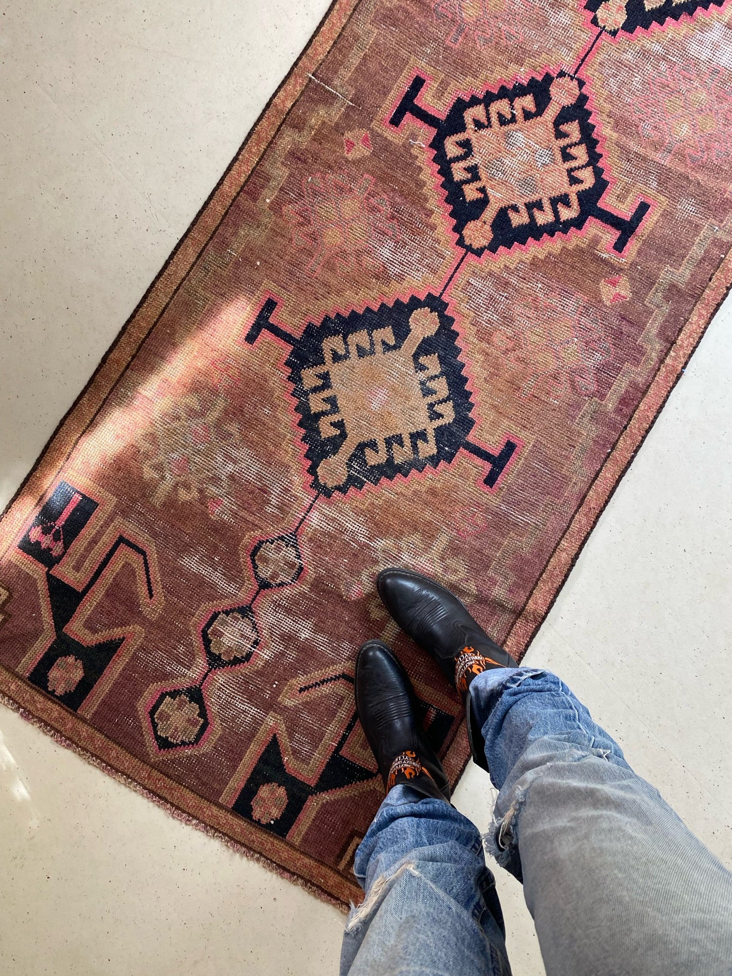 See Floral Motif Details on Pink Vintage Persian Rug