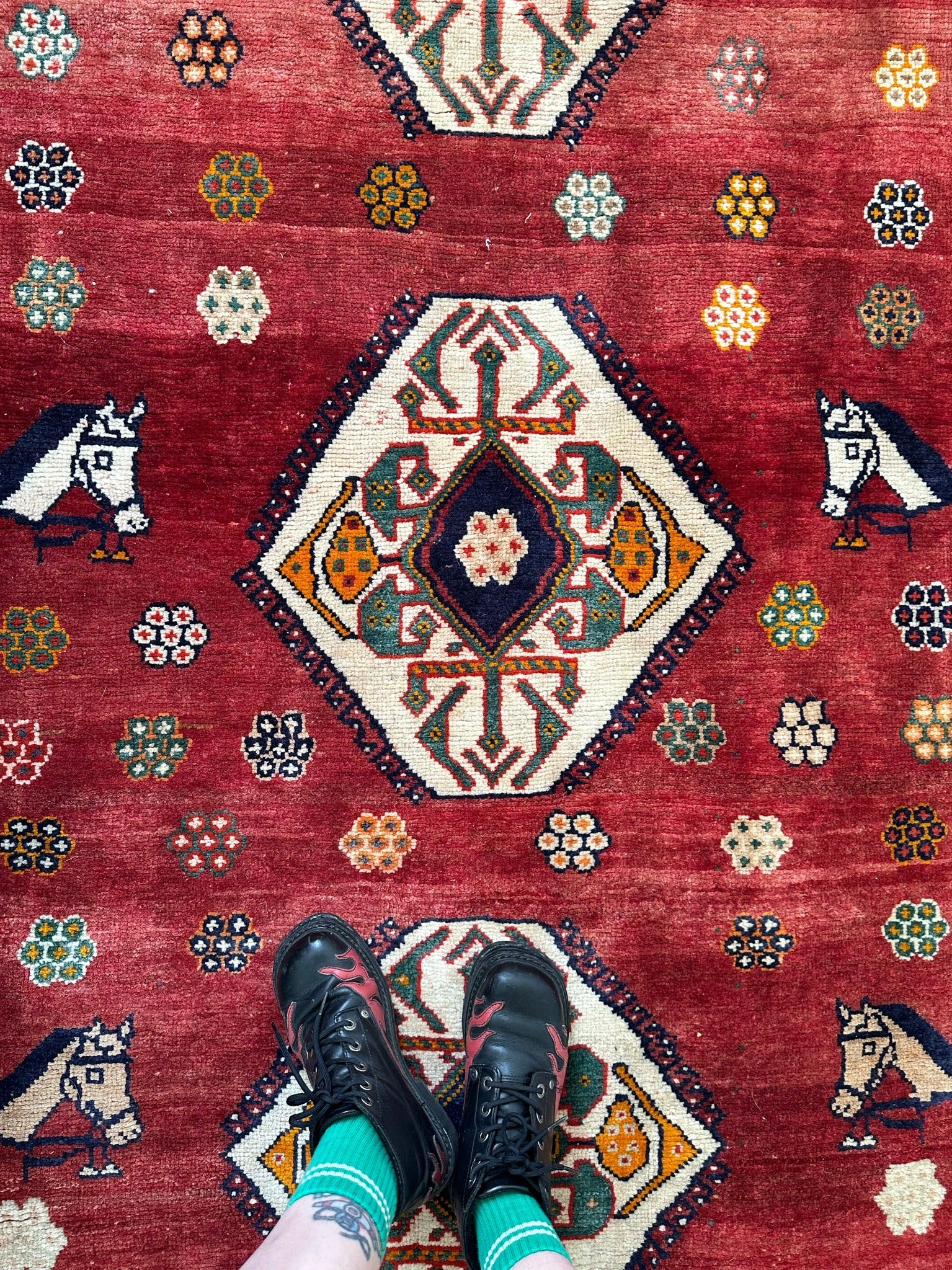 See Horse Head and Floral Motifs in Basseri Vintage Rug