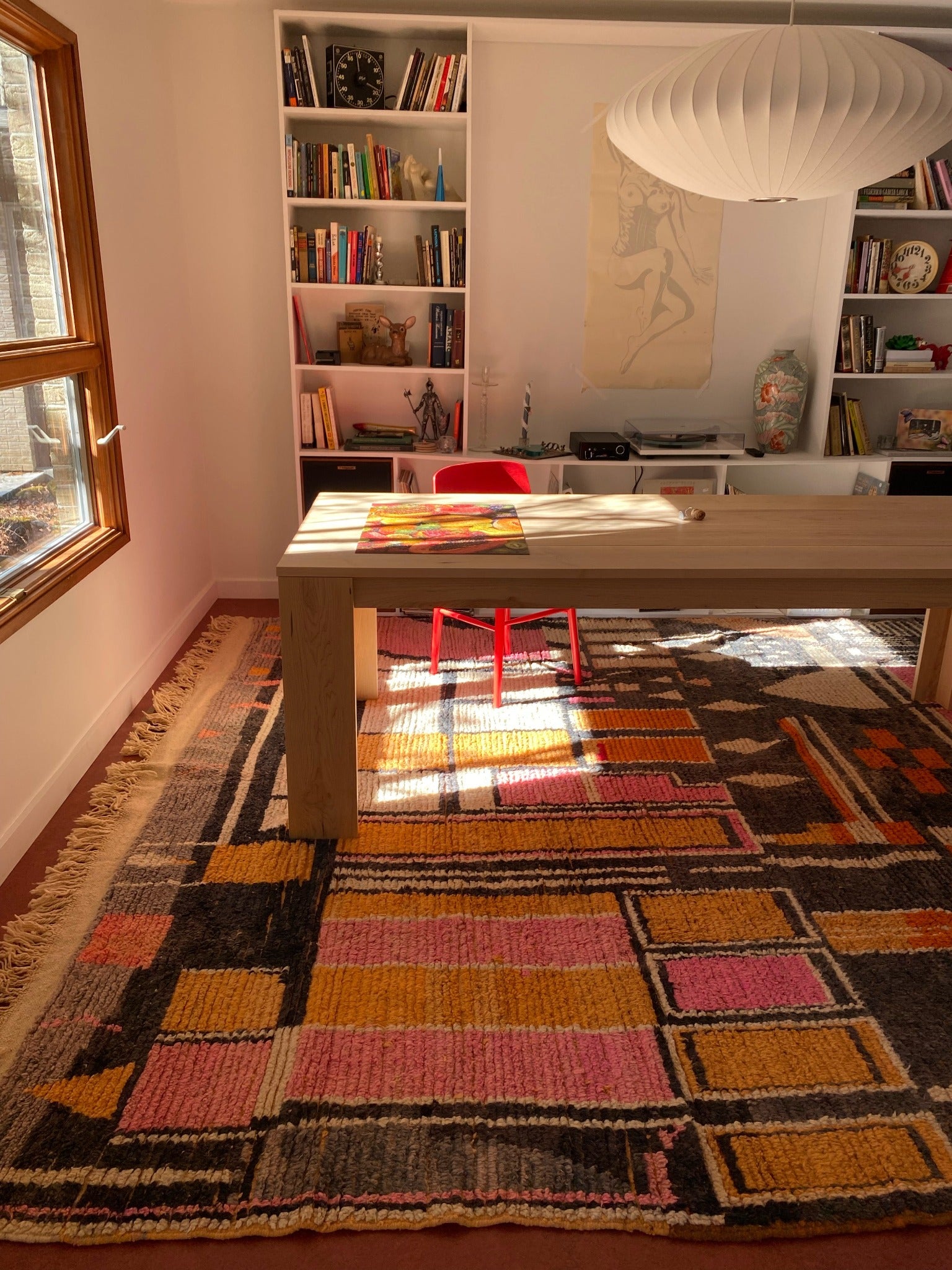 See vintage Morrocan rug Caracol Styled Under a Dining Table with Warm Morning LIght