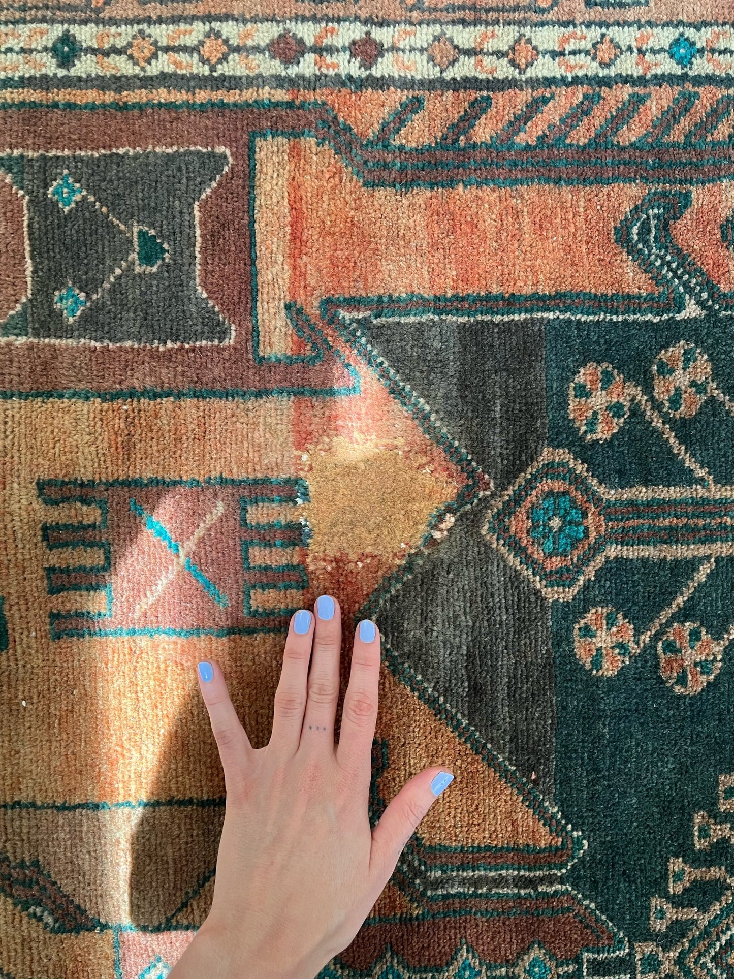 See Mend on Vintage Persian Sparrow Runner Rug