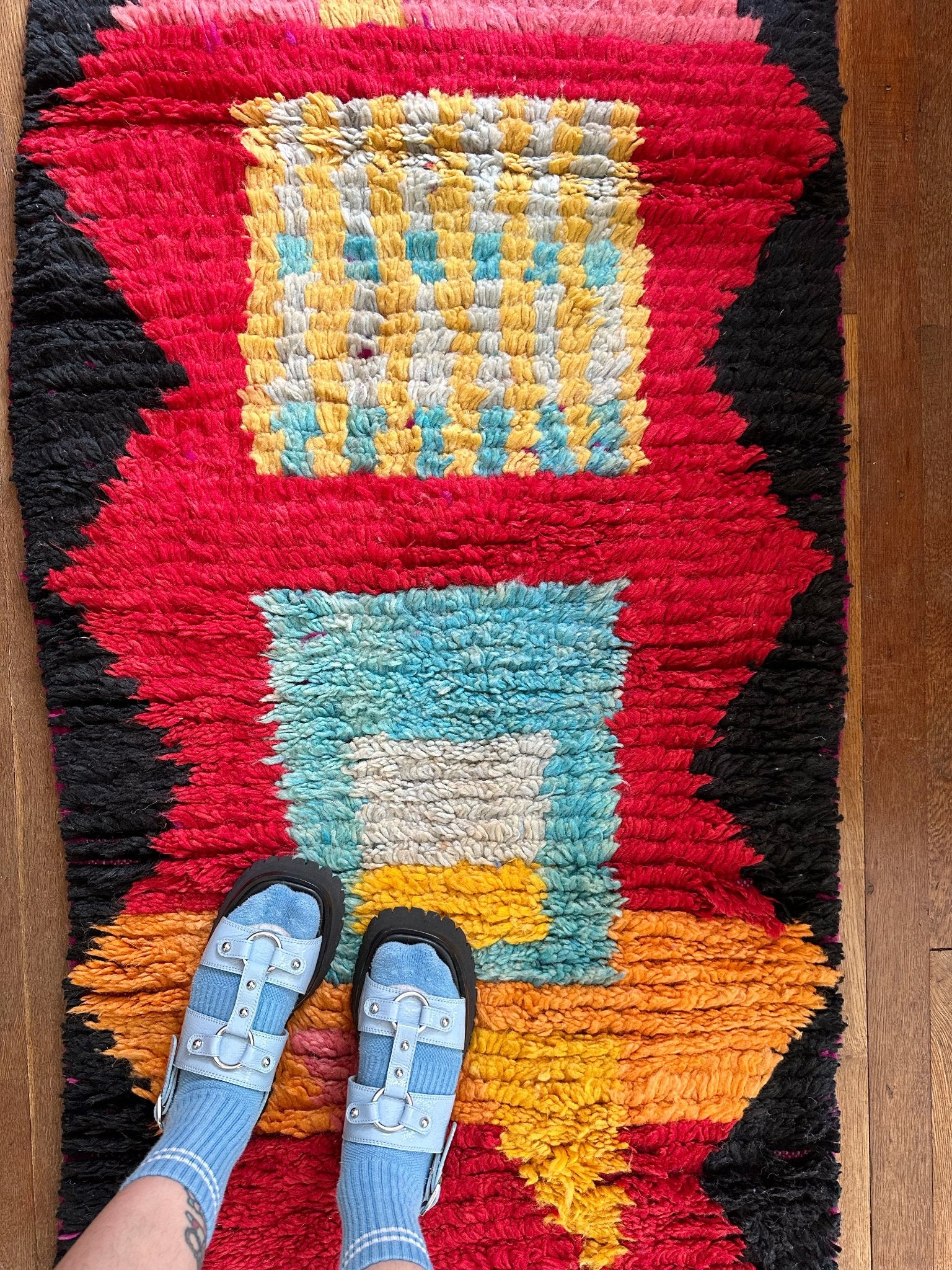 See Bright Details and Blue and Red Colors on Moroccan Runner Rug