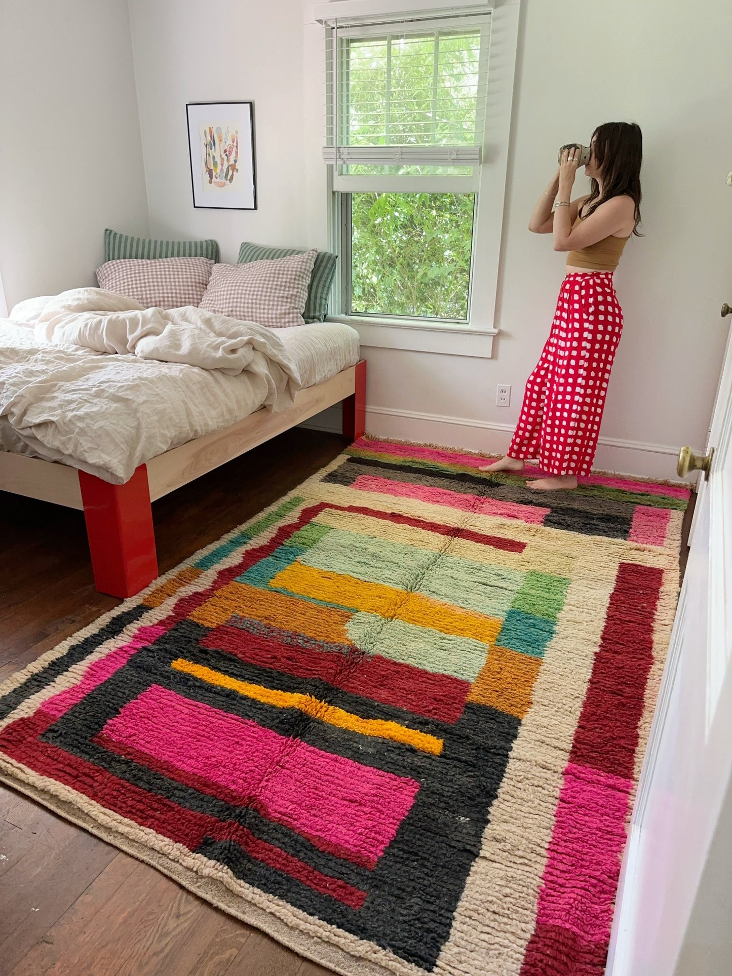 Style Handmade Colorful Moroccan Rug in a Bedroom