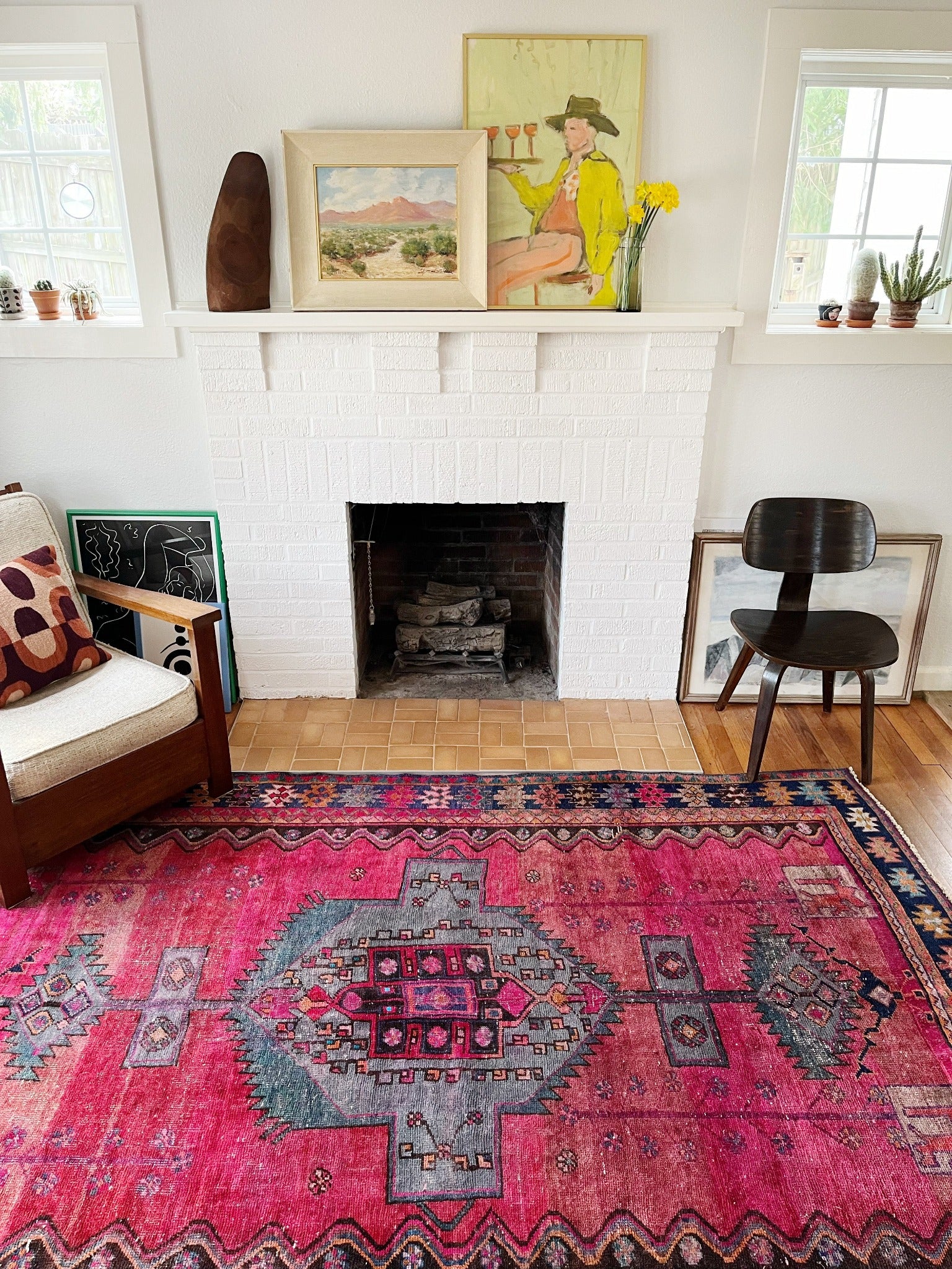 See Bright Fuscia and Indigo Vintage Persian Rug