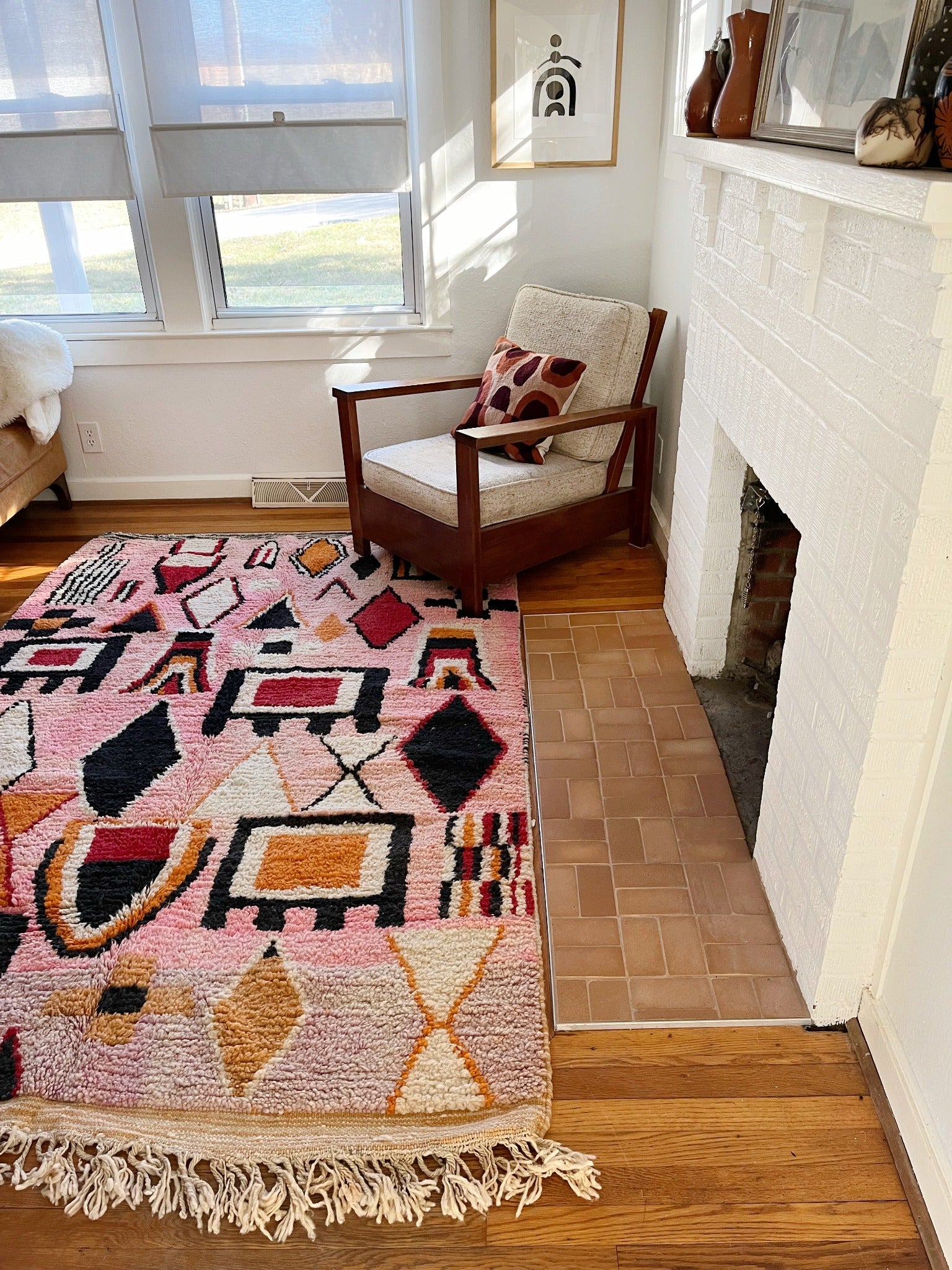 Lonne Moroccan Rug Next to a Fireplace