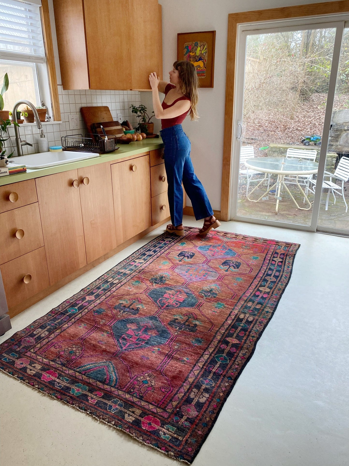 See irregular shaped vintage Persian runner rug