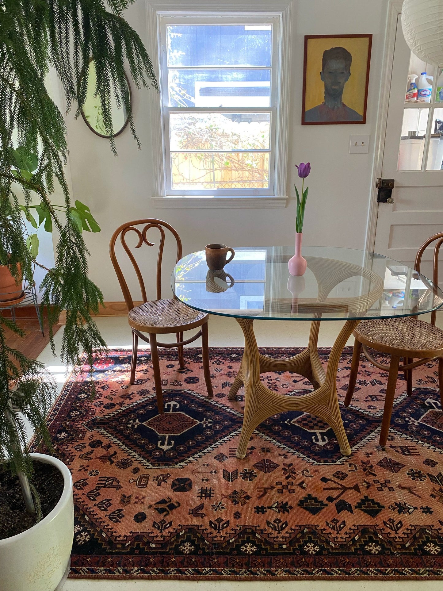 Style Terracotta Vintage Persian Rug in a Dining Room