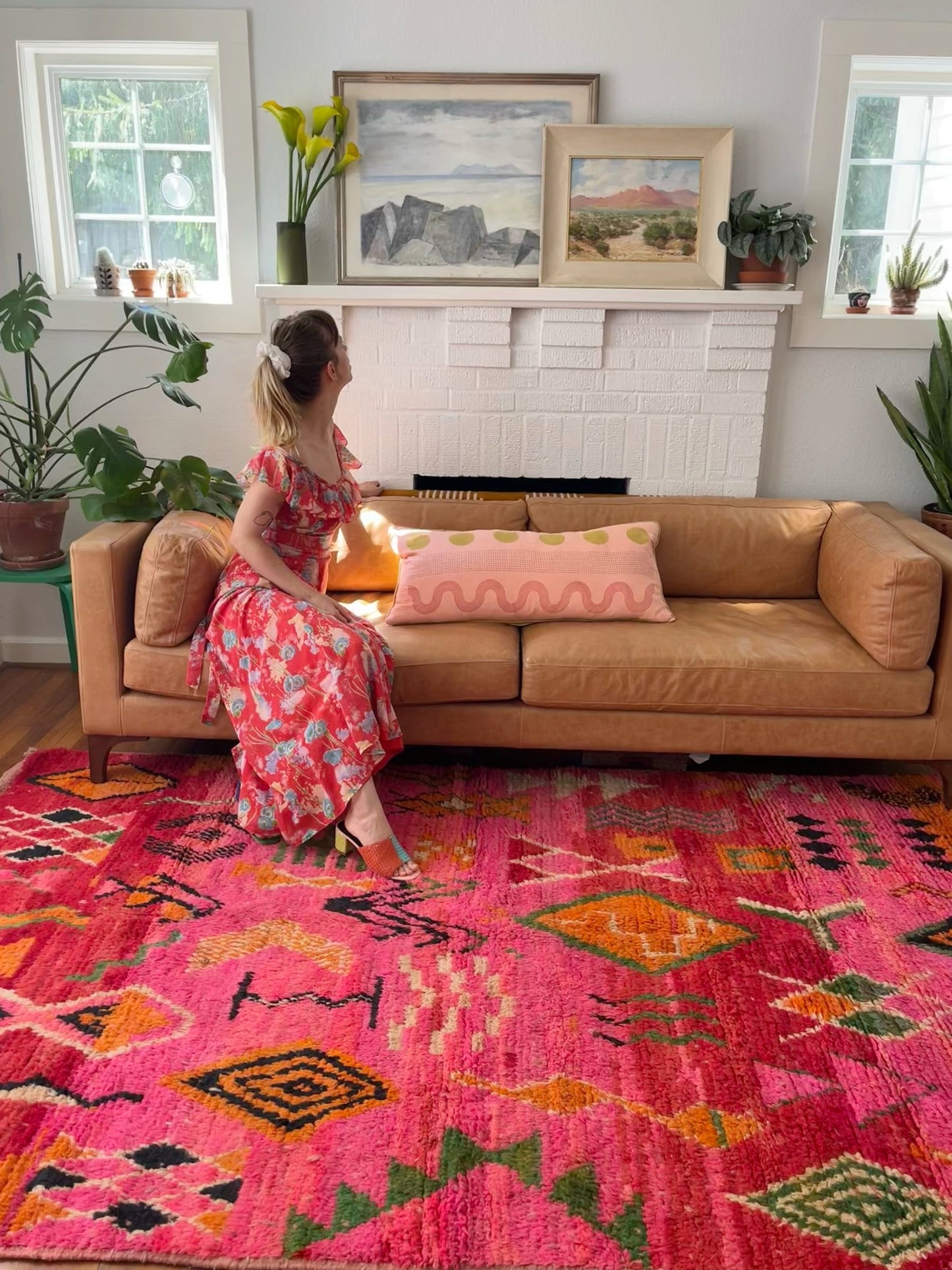 Style a Living Room with a Bright Pink High Pile Moroccan Rug