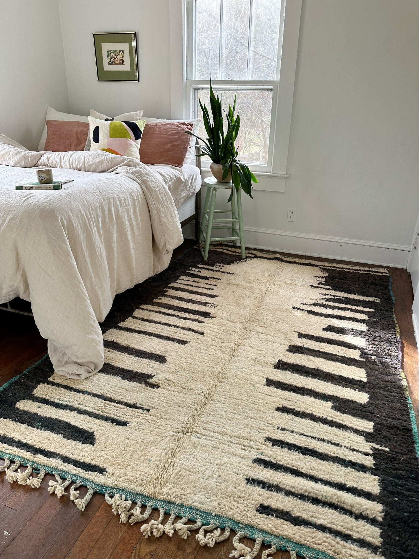 See Calavera Moroccan shag Rug Styled with a Queen Size Bed