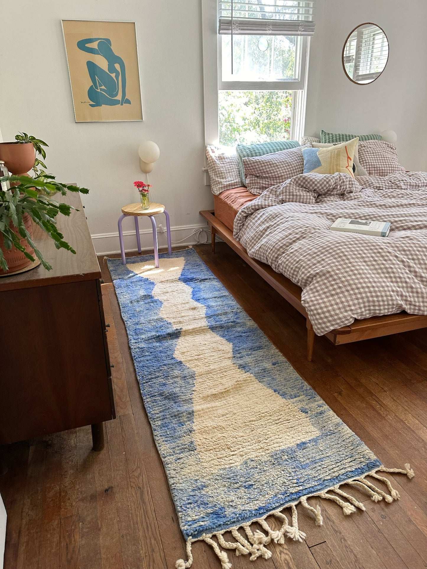 Style a Bedroom Scene with a Blue and White Moroccan Runner Rug