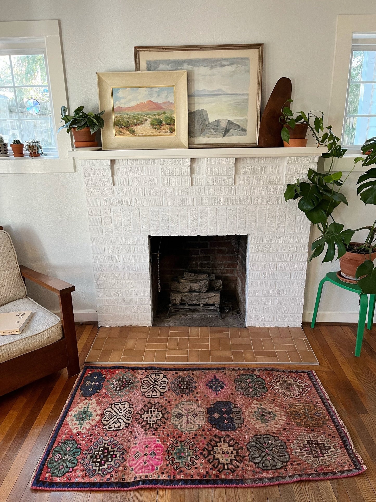 See Fiori Persian Rug Styled in front of a FIreplace