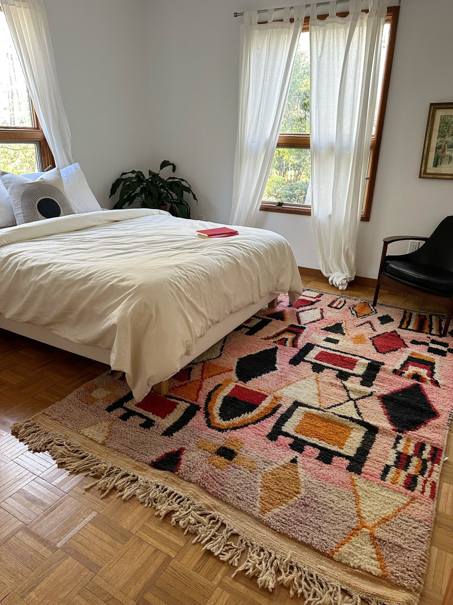 See Lonne Moroccan Rug Styled in a Bedroom with a Queen Size Bed