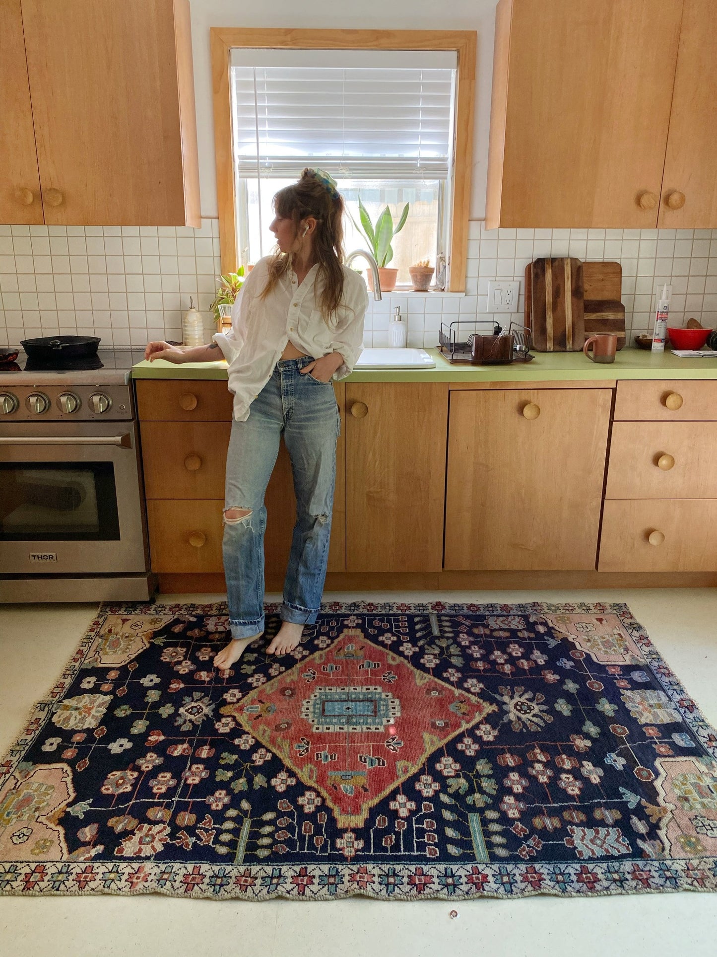 See Vintage Indigo Persian Rug Styled as a Kitchen Focal Point