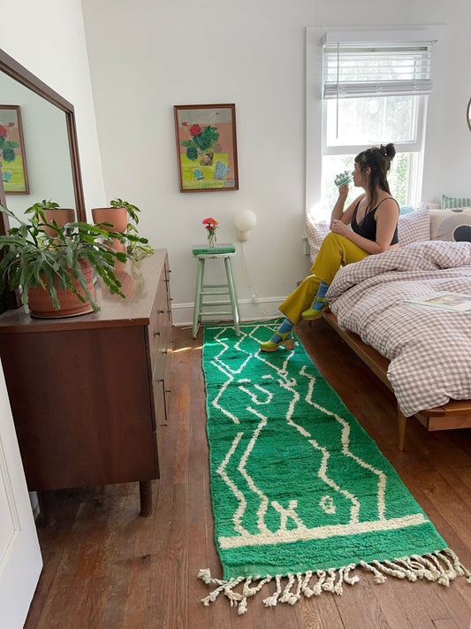 See Green High Pile Runner Rug in a Bedroom