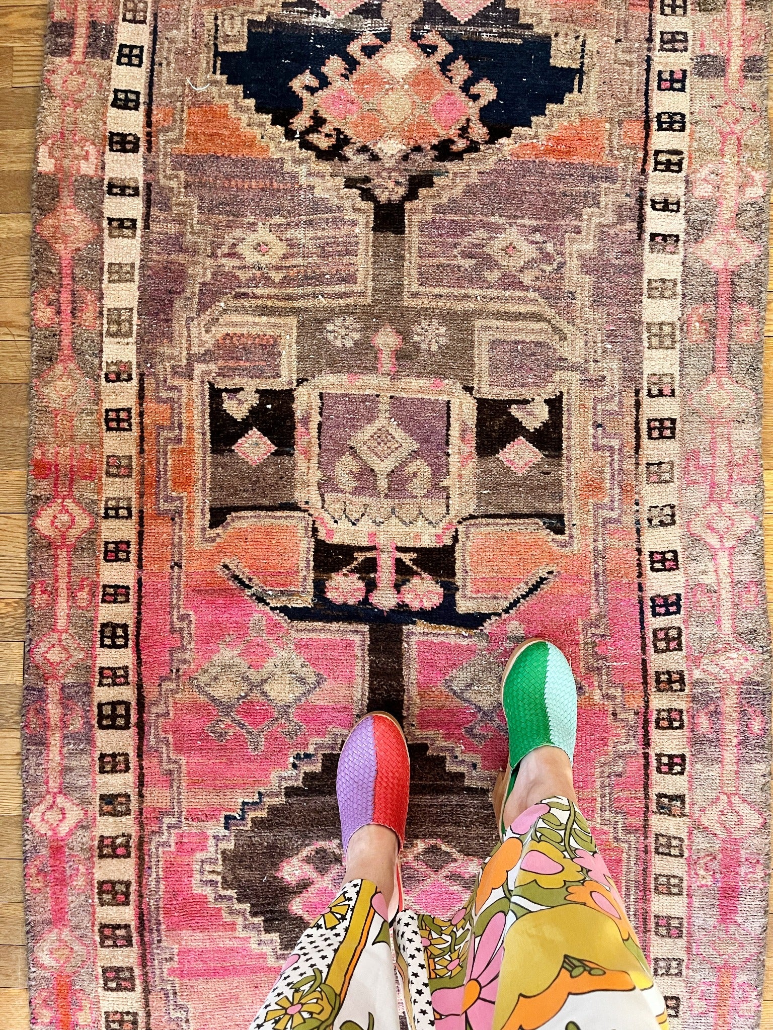 See Pink Purple and Charcoal Vintage Rug Details