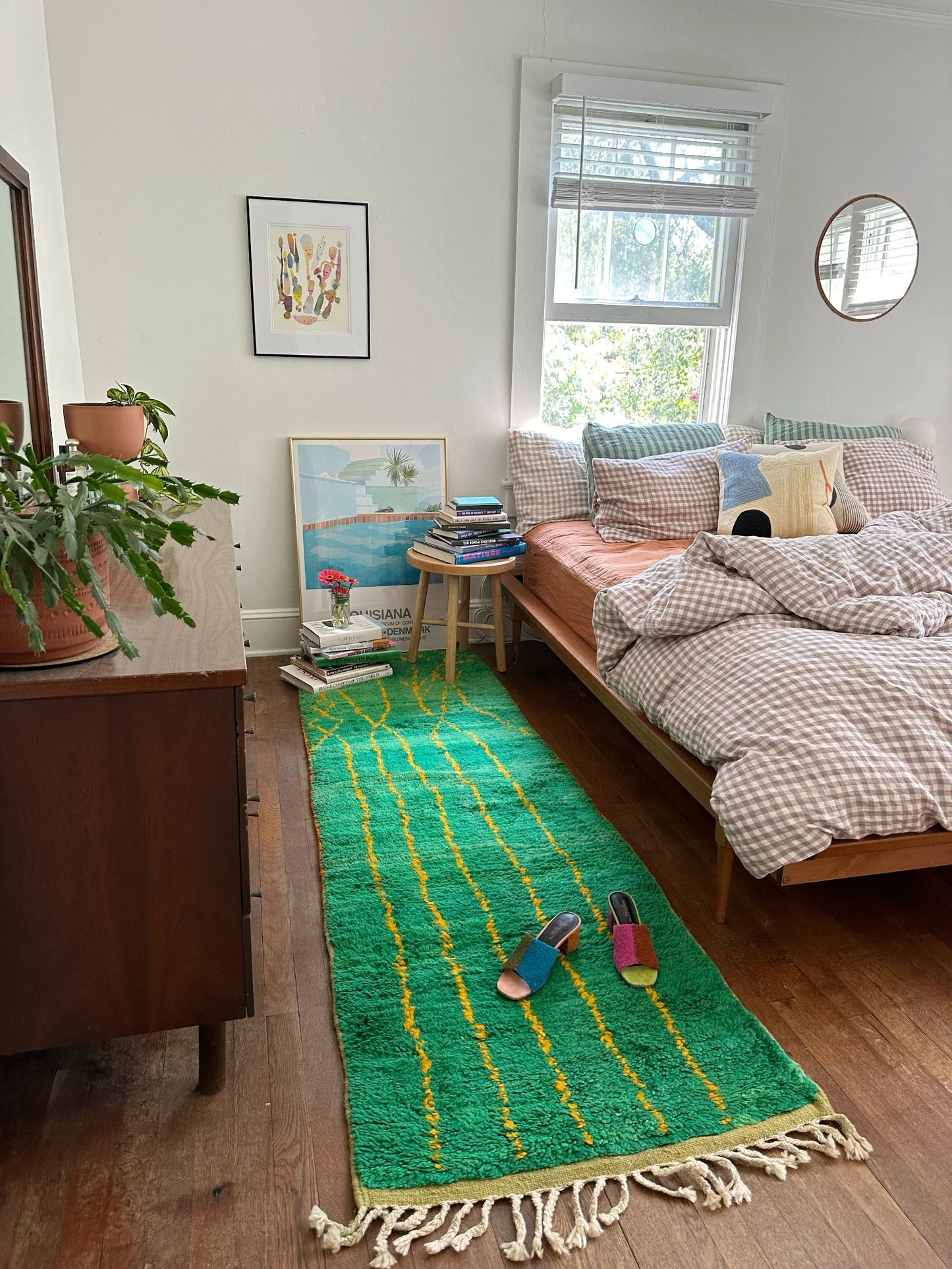 Enhance a Bedroom with Green and Yellow Moroccan Runner Rug