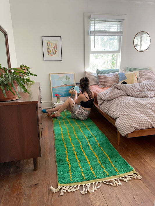 See Green Moroccan High Pile Green Runner Rug Enhance a Bedroom