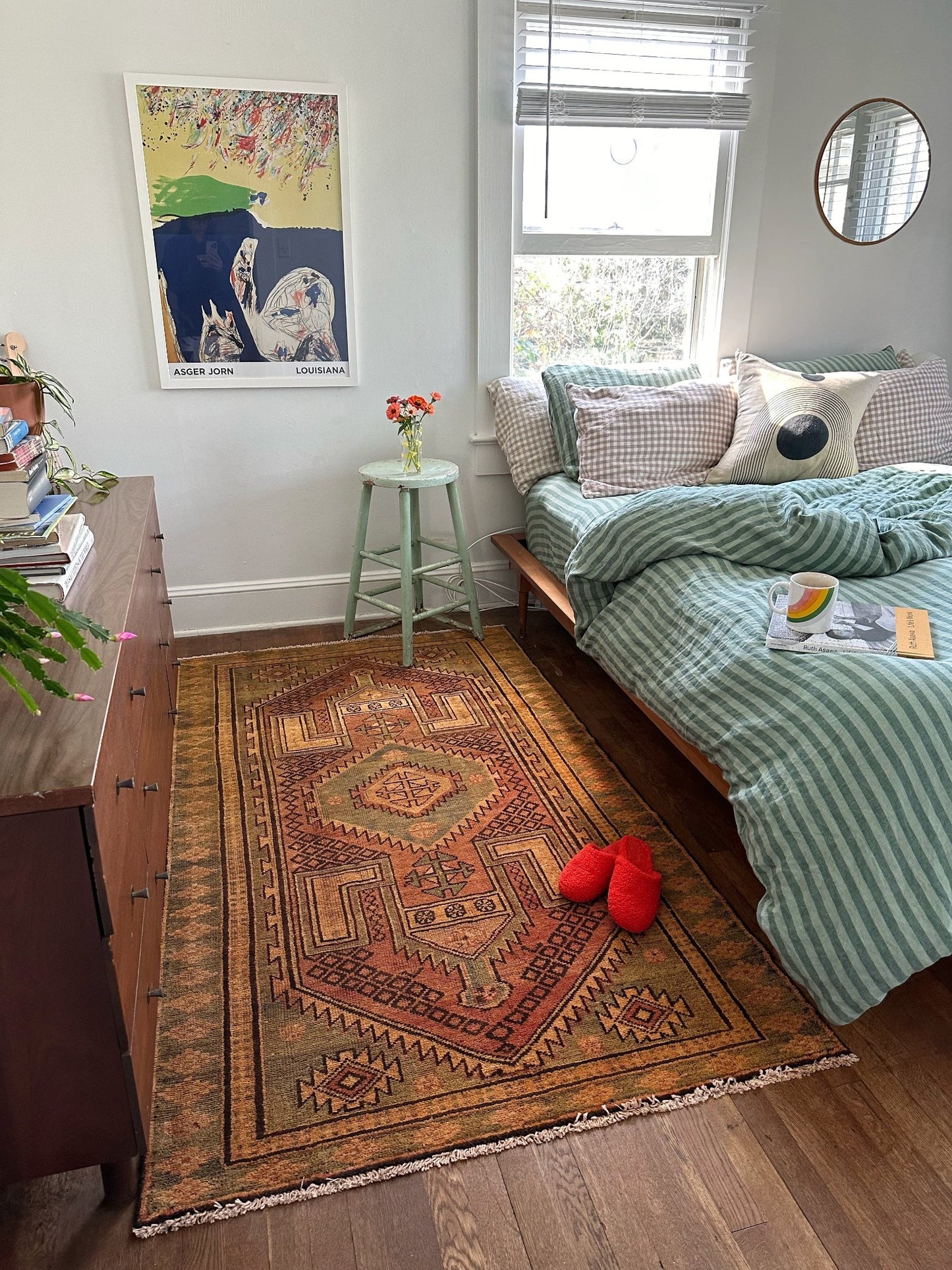 See Vintage Persian Gold Rug in a Bedroom