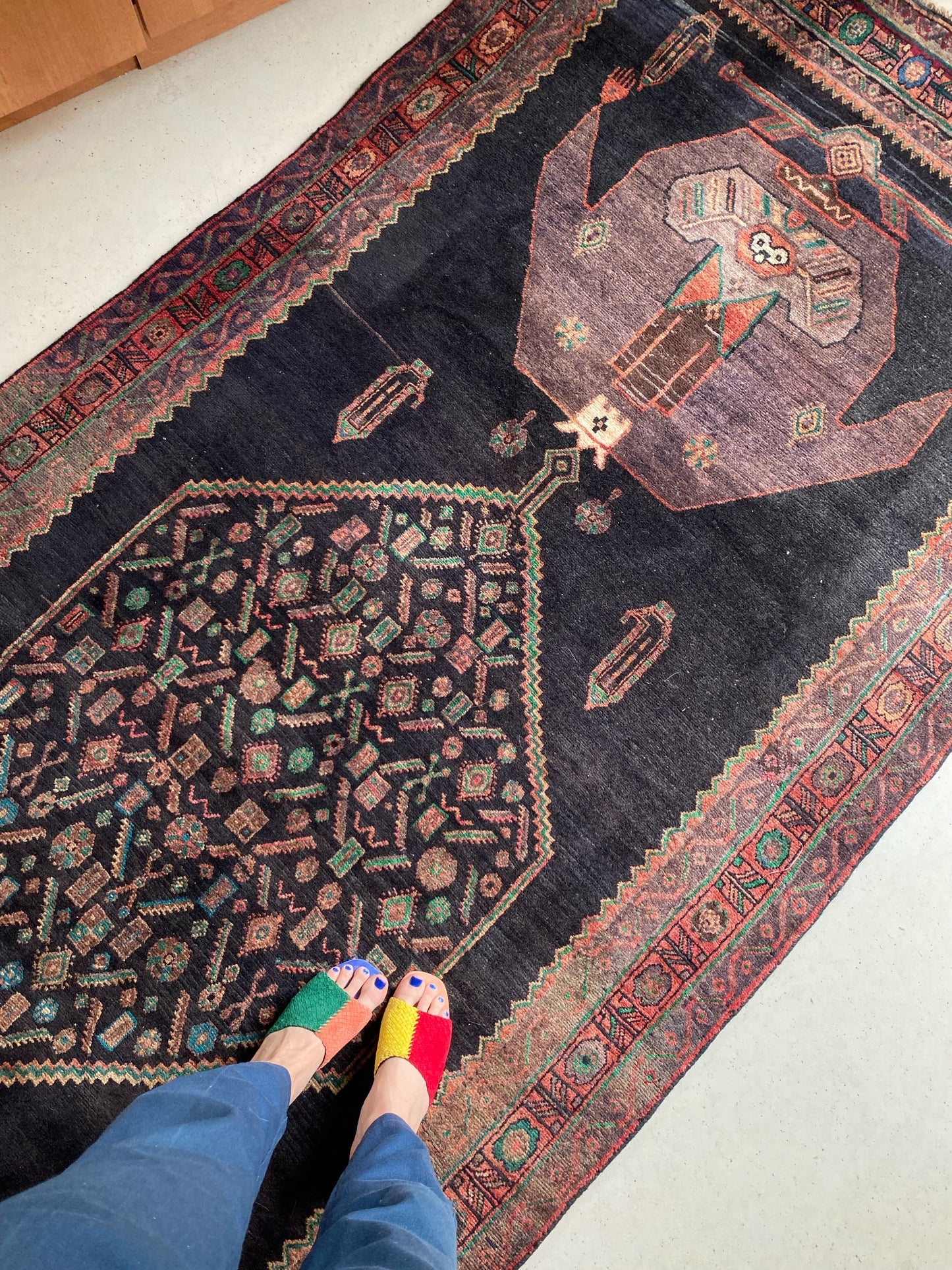 Palm blue vintage Persian Rug with multicolor details